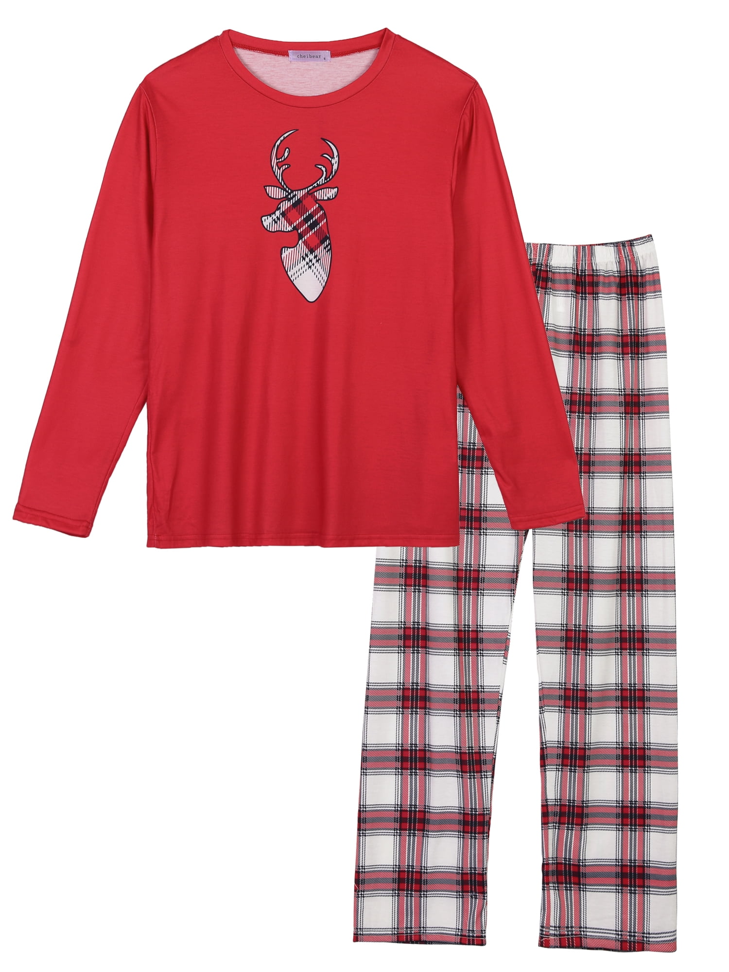 Unique Bargains Christmas Elk Print Tops with Plaid Pants Sleepwear Family Pajama Set M Men