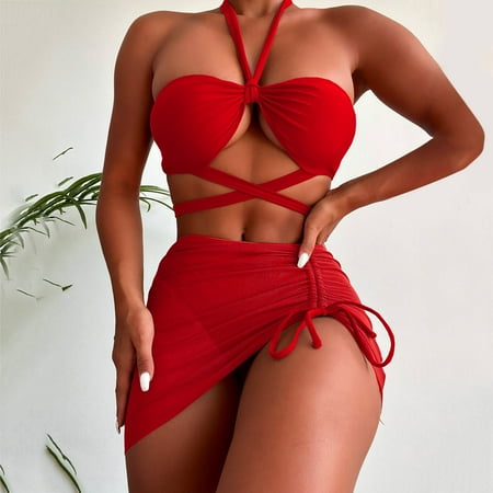 IDALL Bikini Sets Bathing Suit Women Strap Wrap Pad High Waist Bikini Set High Waist Swimsuit Thong Swimwear Three Pieces Bathing Suit Womens Swimsuits Micro Bikini Red L