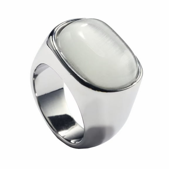 PAMTIER Unisex Stainless Steel Vintage Simple Oval Cut White Agate Gemstone Signet Ring Rhinestones Promise Wedding Band High Polished Silver Size 7