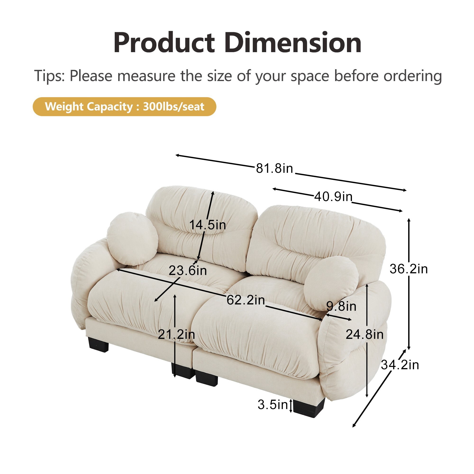 AENKYO 82" Modular Sofa, Cozy Chenille 2-Seater Loveseat w/ Pleated Design, Deep Seat Foam Couch & 2 Pillows, Beige