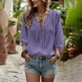 thumbnail image 5 of HaCpiu Women's V-Neck Lace Blouse, Casual Loose Long Sleeve Ruffle Tunic Shirt, Lightweight Flowy Tie-Front Top with Bell Cuffs, Purple XXXL, 5 of 6