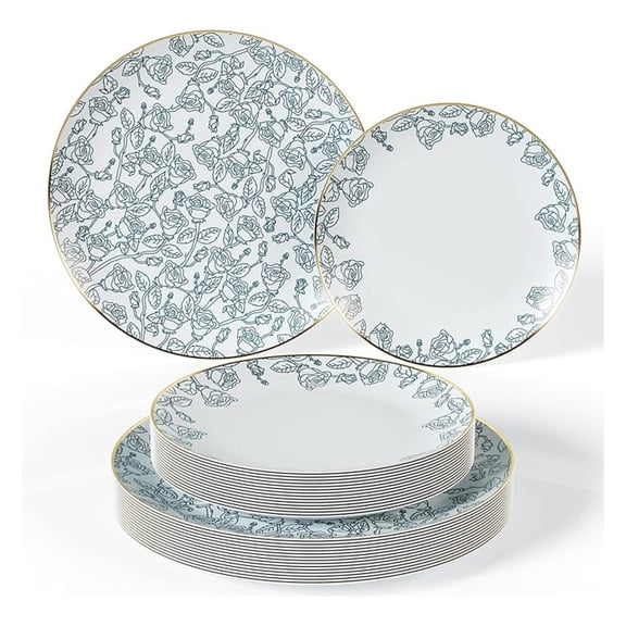 Disposable Plates Set - 40 Piece Plastic Floral Plates for Parties, 8 & 10 Inch Dinner & Dessert Plates, Wedding & Event Tableware - Serves 20 Guests