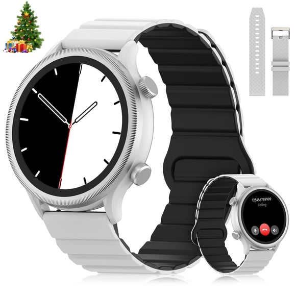 FreshFun 2024 Smartwatch Pulsera Deportiva Mujer Hombre Llamada Bluetooth Reloj Inteligente IP67 Correa Magnética Pantalla 1.39 Inch Monitoreo Ritmo Cardíaco Presión Arterial Sueño (2Correas), Blanco