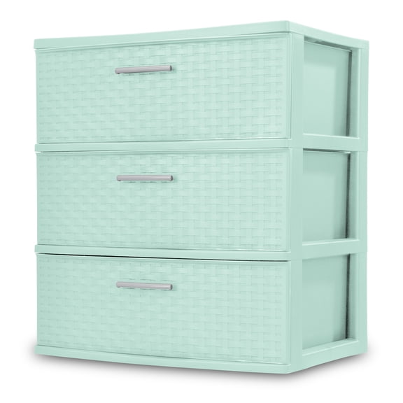 Sterilite Storage Drawer, 3 Drawer Plastic Weave Wide Tower with Pull Handles, Mint