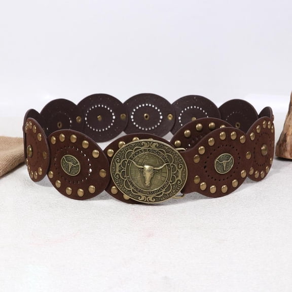 Y2K Vintage Western Cowboy Belt Bullhead Metal Buckle Belts Rivet Steampunk Wide Waist Belt Women Men's PU Leather Waistband