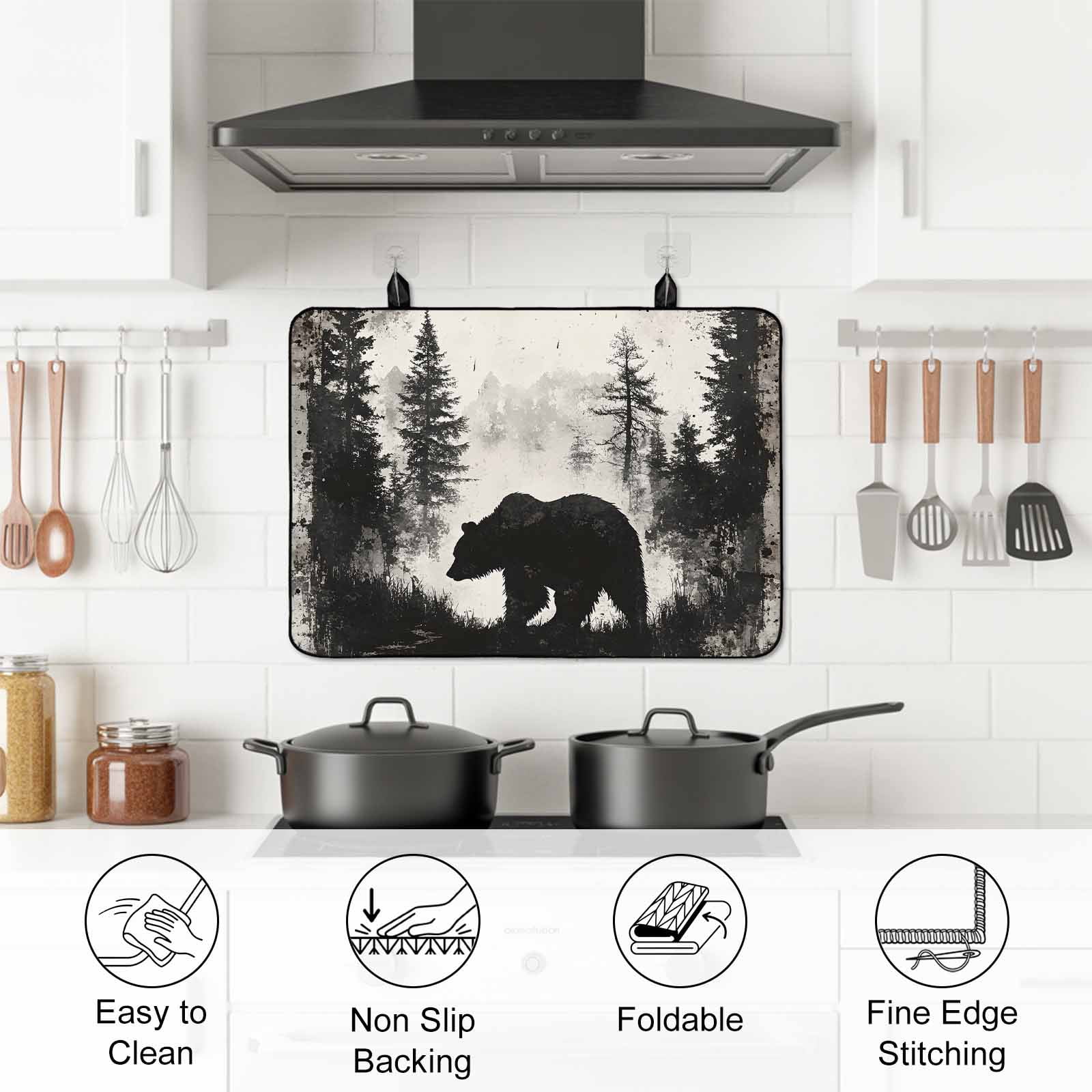 Forest Bear Stove Top Cover for Electric Stove, Heat-proof & Non Slip Glass Top Stove Cover Protector, Retro Modern Art Nature Tree Greyscale Kitchen Flat Cooktop Rubber Mat 24x21 Inches