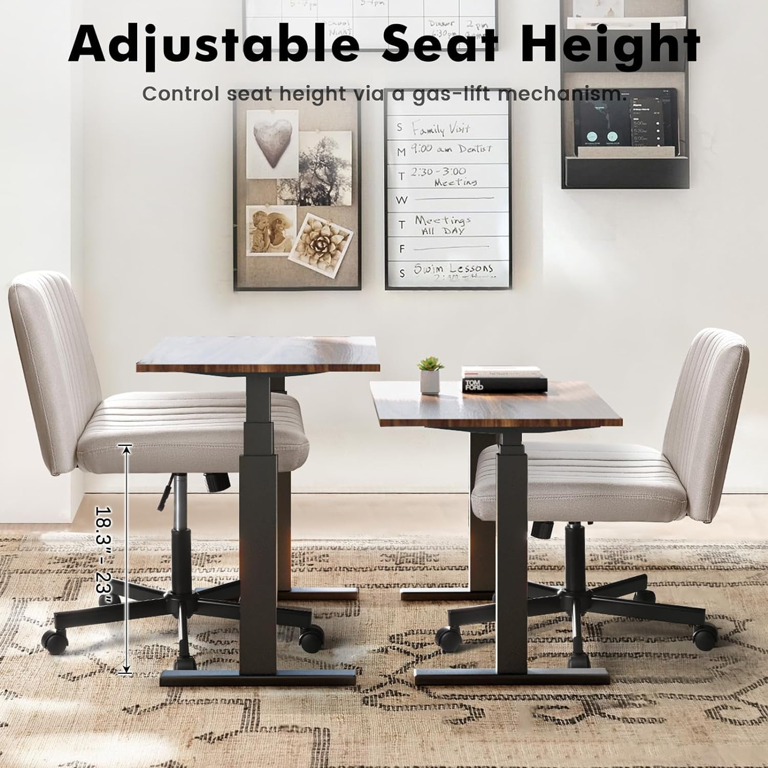Waleaf Armless Office Chair with Wheels, Criss Cross Desk Chair, Wide Seat Adult Vanity Chair,Beige
