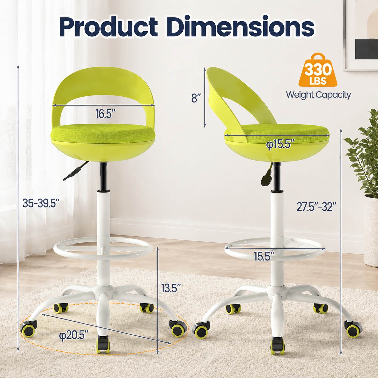 Furnibear Drafting Stool Rolling Tall Desk Chair with Wheels for Home Office Study Desk Computer Task, Green