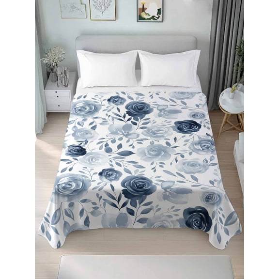 Blue Flowers Queen Size Flat Sheet, Wrinkleproof & Fadeproof Cooling Flat Bed Sheet Only, Watercolor Rustic Retro Floral Leaf Vines Breathable Soft Bedding Top Sheets 90 x 102 Inches