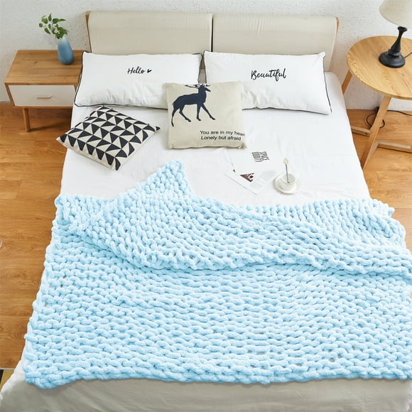 MODENNA Chunky Knit Blanket Throws Chenille Yarn, Hand Knit Throw Blanket Chunky Braided Blanket, Light Blue, 50"x60"