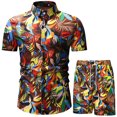 thumbnail image 1 of xiaxaixu Men Beach Outfits Printed Lapel Button Down Shirt + Drawstring Shorts, 1 of 4