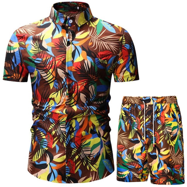 xiaxaixu Men Beach Outfits Printed Lapel Button Down Shirt + Drawstring Shorts