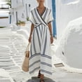 thumbnail image 5 of YUGYXL Women Striped Short Sleeve V Neck Midi Dress Retro Patchwork A-Line Casual Wrap Waist Dresses Beach Going Out Outfits Light Blue XL, 5 of 6