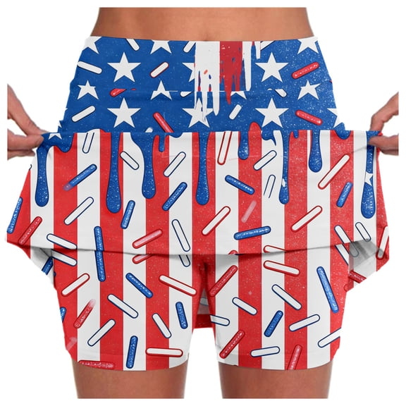 Womens Dresses Summer Patriotic Printed Mini Skirt Elastic Waist Double Layer Anti Pocket Bottom for Casual Workout Tennis