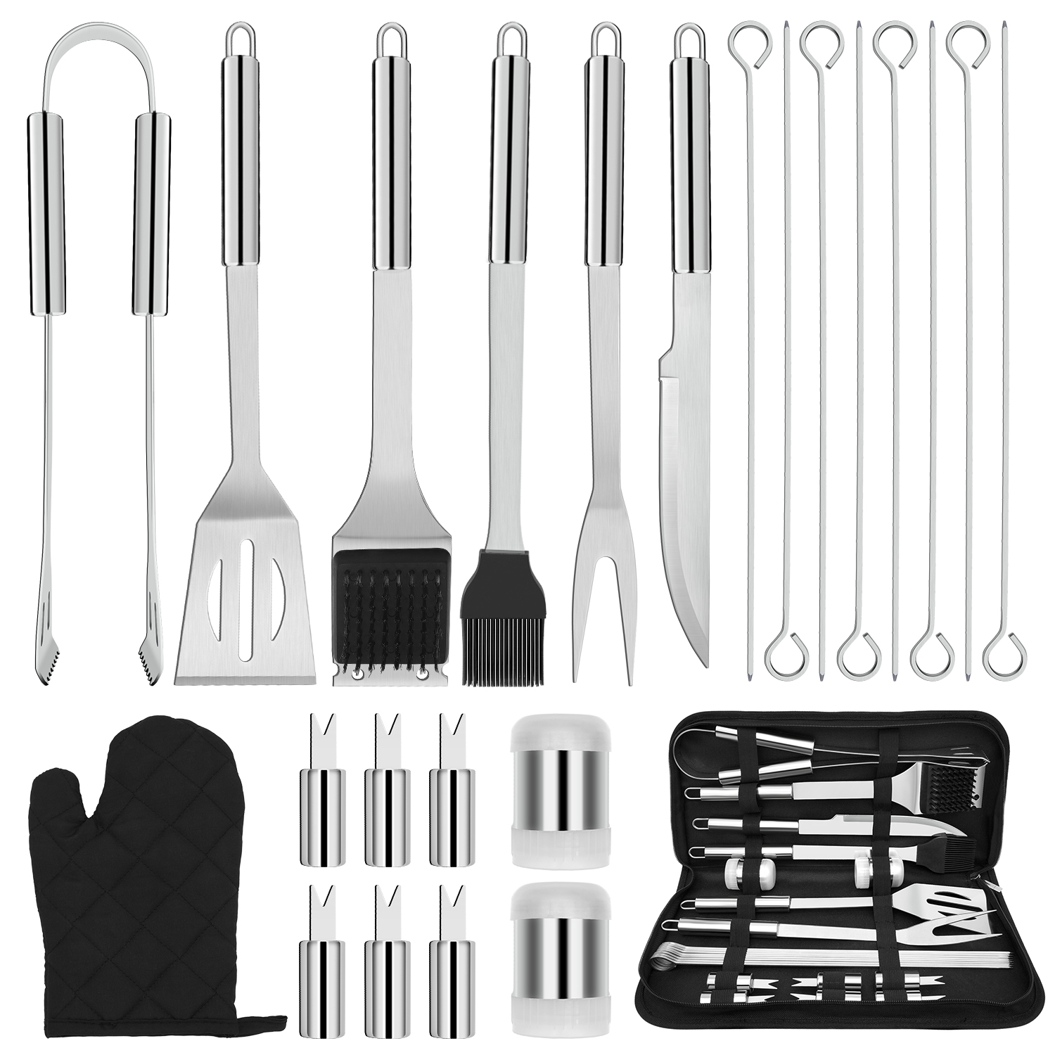 JOW BBQ Grill Accessories Set with Case, 26pc Stainless Steel Heavy Duty Barbecue Grilling Tool Utensils Kit with Tong, Grill Cleaning Brush, Spatula, Fork, Basting Brush - image 1 of 12