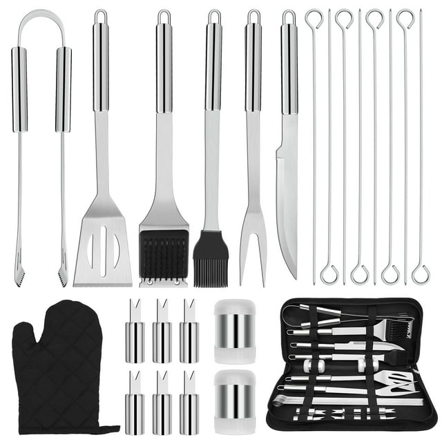 JOW BBQ Grill Accessories Set with Case, 26pc Stainless Steel Heavy Duty Barbecue Grilling Tool Utensils Kit with Tong, Grill Cleaning Brush, Spatula, Fork, Basting Brush