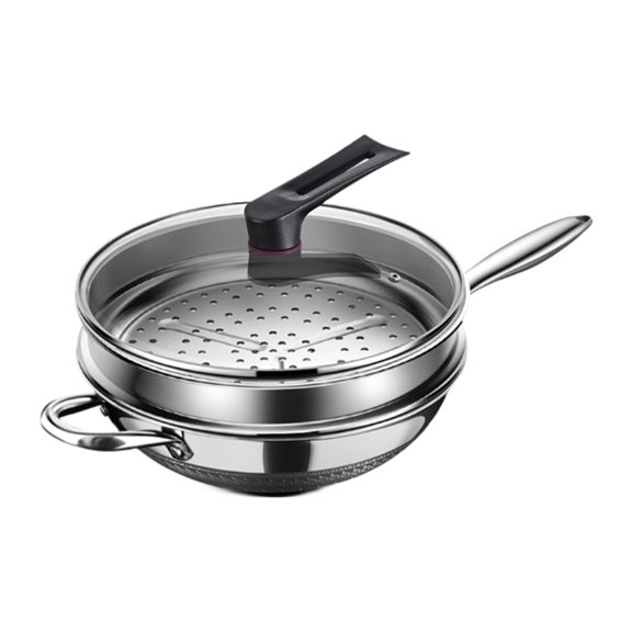 kowaku Stainless Steel Wok Pan Cooking Pot with Glass Lid and Steamer Large Cookware Round Bottom for Kitchen All Cooktops Induction 34cm