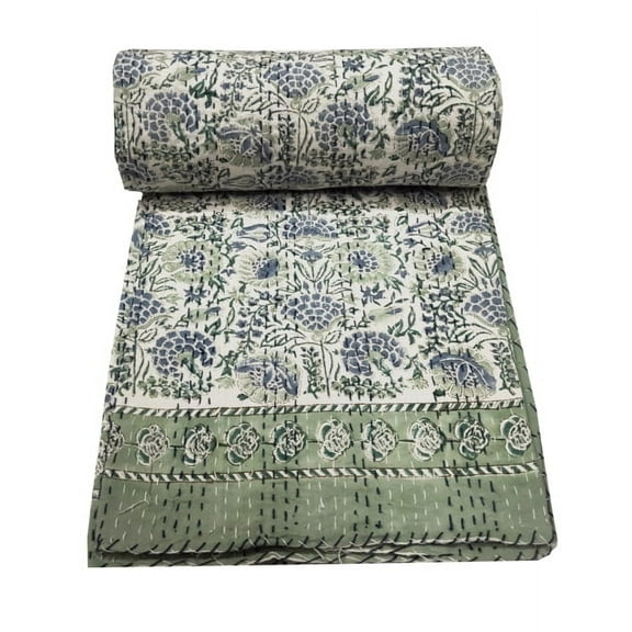 Queen Kantha Quilt Hand Block Print Quilt Indian Blanket Cotton Kantha Bedspread Floral Print Quilt Kantha Bed Cover Bedding Sofa Cover