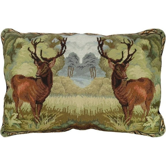 Throw Pillow Needlepoint Deer 18x28 Olive