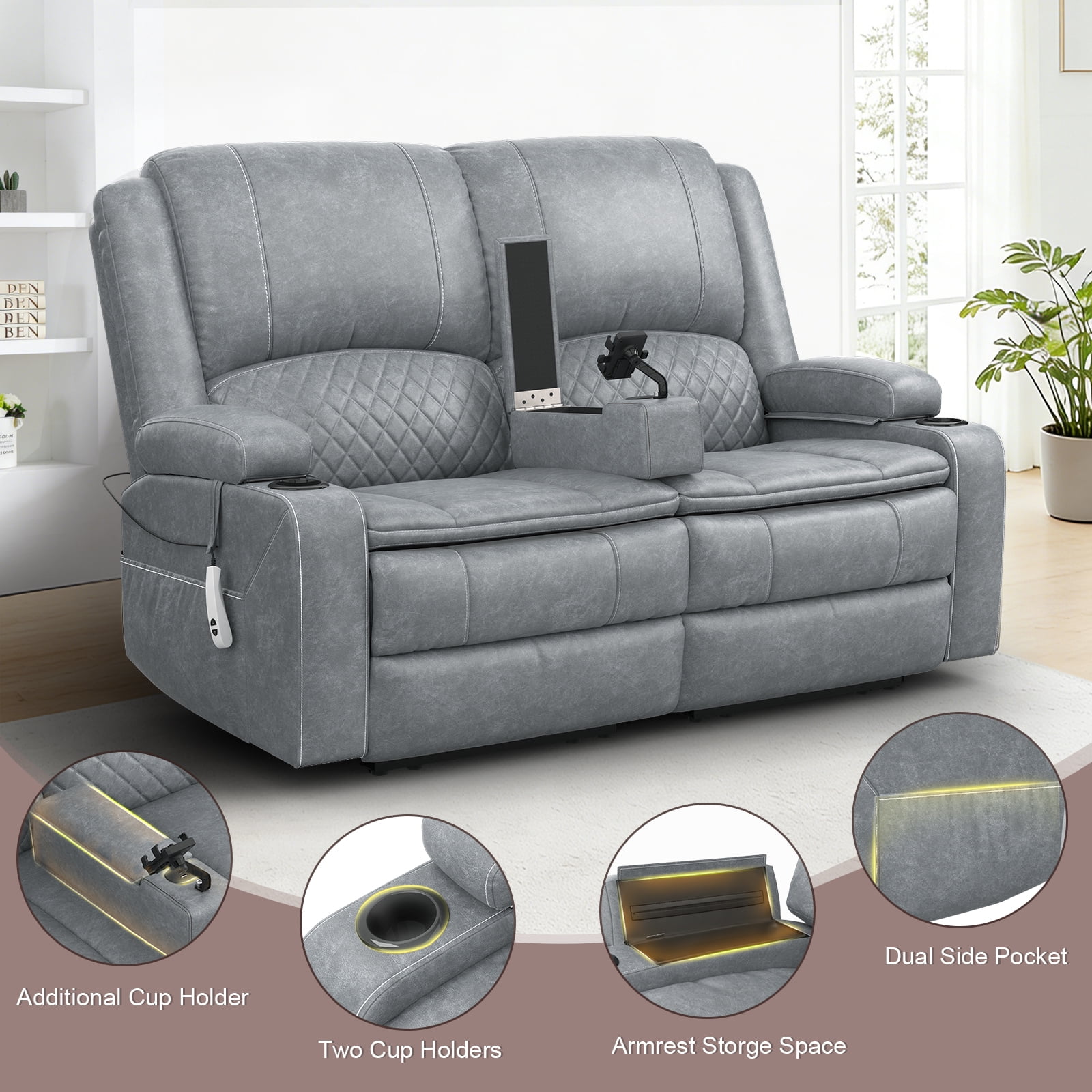 Power Reclining Loveseat with USB Port, Storage Console, Removable Armrests, Wall-Hugger Design, Double Cushions Faux Leather, Light Gray
