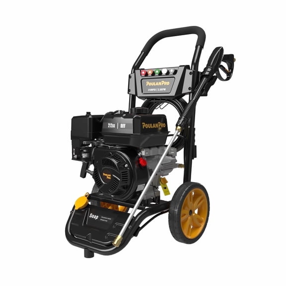 Poulan Pro Gas Pressure Washer, 3100 PSI & 2.5 GPM, 212cc 4-Cycle High Pressure Washer with 30ft Hose and 10-inch Wheels, 21" Spray Lance, 5 Nozzles for Cars Driveways Patios Fences Daily Cleaning