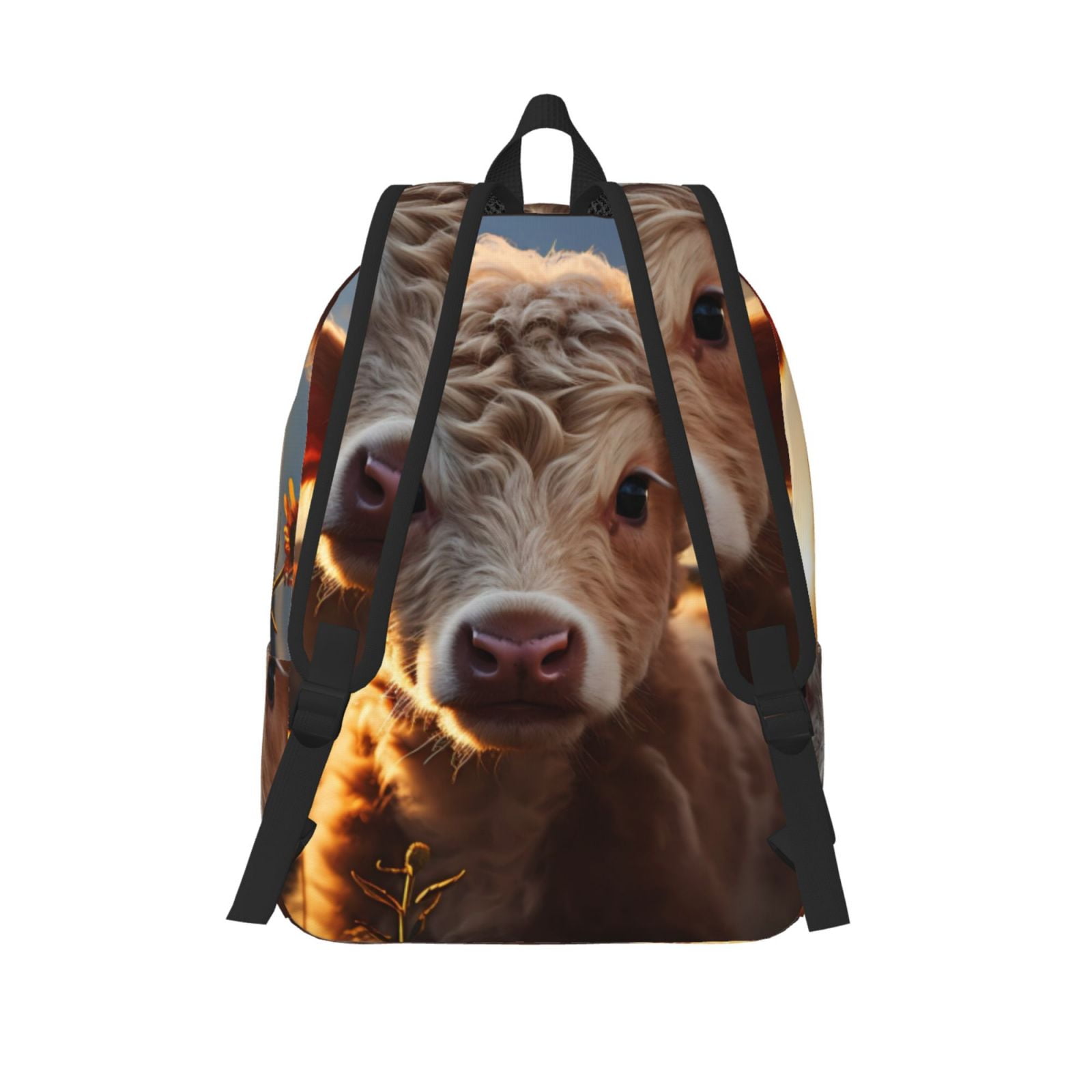 Picia Sunset Sunflower Small Cow Printed Canvas Daypack - Stylish and Durable Vintage Compact Backpack - Class, Work, Travel, or Laptop Bookbag,Organized Compartments-Medium
