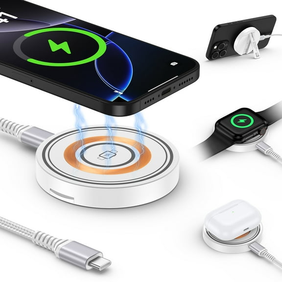 15W Magnetic Wireless Charger Pad,3 in 1 Travel iWatch Wireless Charging Station Mag-Safe Charger Stand AirPods Fast Charging Mat Wireless Holder Stand Dock Fits for iWatch AirPods iPhone 16 15 14