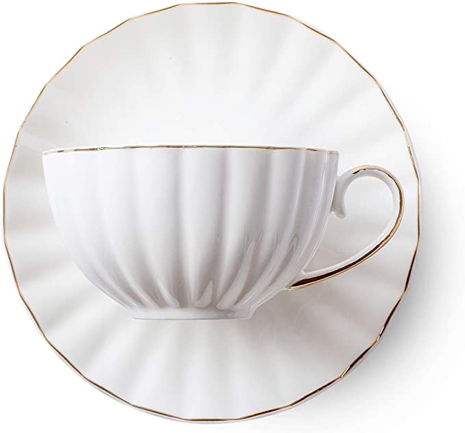Tea Cups and Saucers with Gold Trim and Gift Box Set of 6 7 oz White Cup 