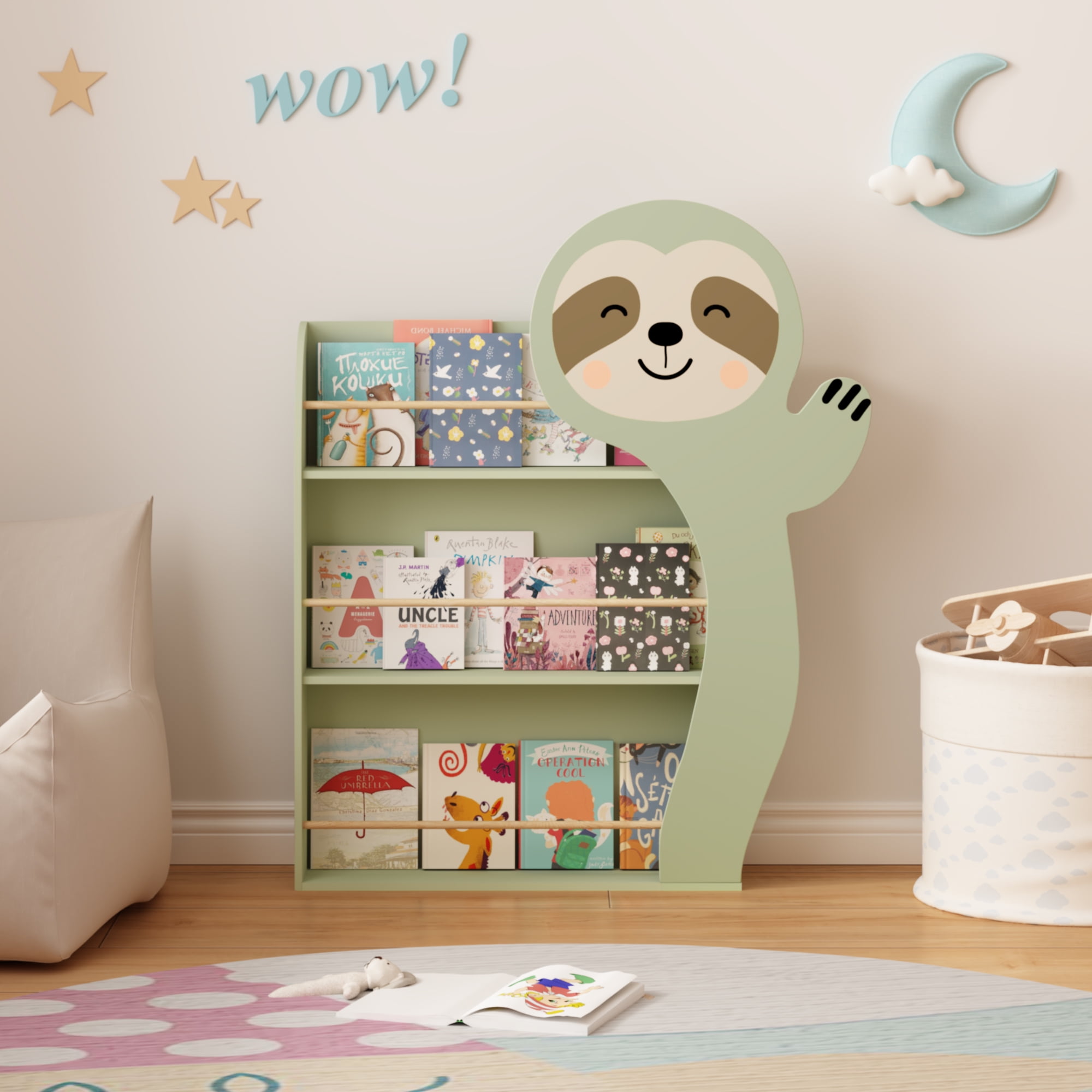 Miniyam Kids Sloth Bookshelf, 3-Tier Front-Facing Toddler Book Rack with Wooden Rods and Anti-Tip Kit, MDF Nursery & Playroom Book Storage Shelf, Green