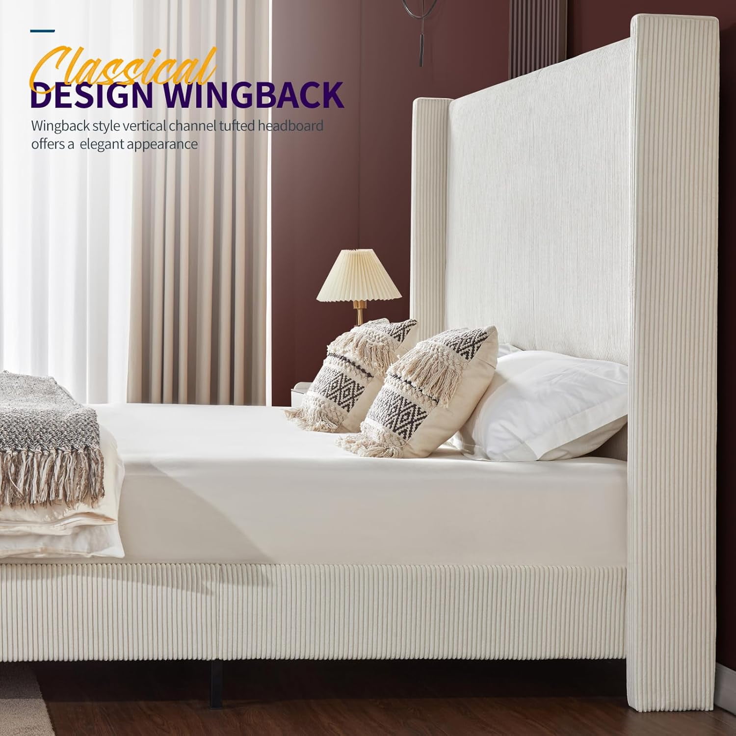 VanAcc King Size Platform Bed Frame with 62" Headboard Corduroy Upholstered Bed/Wingback/No Box Spring Needed/Noise Free/Cream