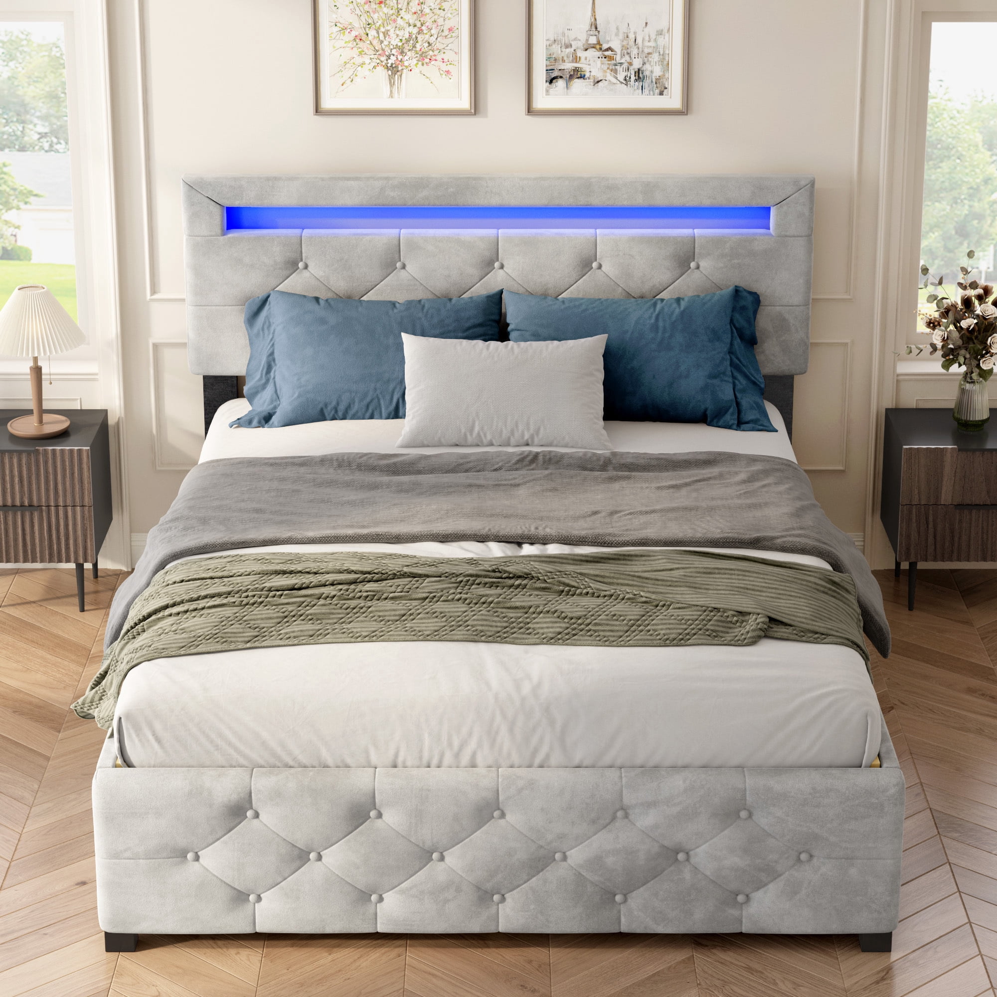Full Size Upholstered Platform Bed with 4 Drawers and LED Lights, No Box Spring Needed, Gray