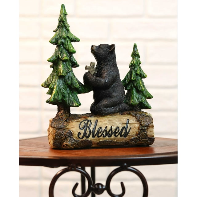 Blessed Rustic Western Black Bear Kneeling On Log by Pine Trees Praying Statue