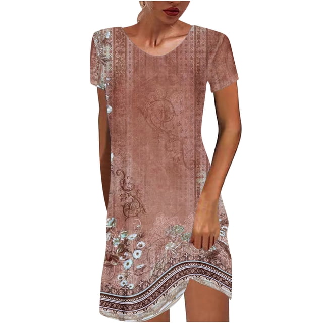 QIPOPIQ Robes de Fête pour Femmes Manches Courtes Tendance Col Rond Imprimé Chandail Robe d'Été Robe Offres 2023