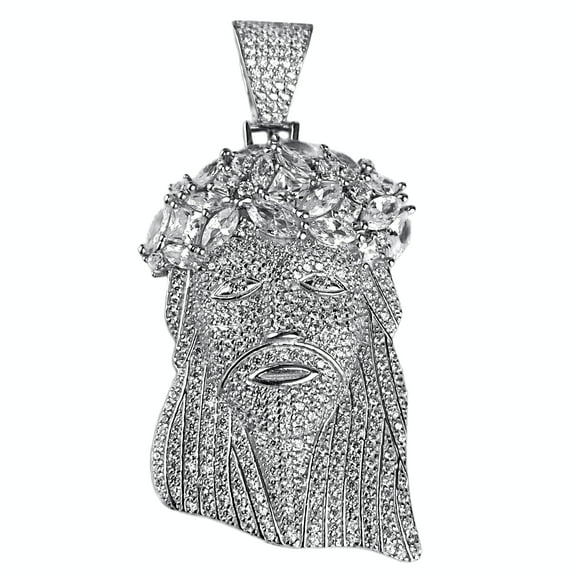 Real Solid 925 Sterling Silver Jesus Iced Flooded Pendant Micro Pave Bling Baguette Crown Of Thorns Medium 2" Inch Tall