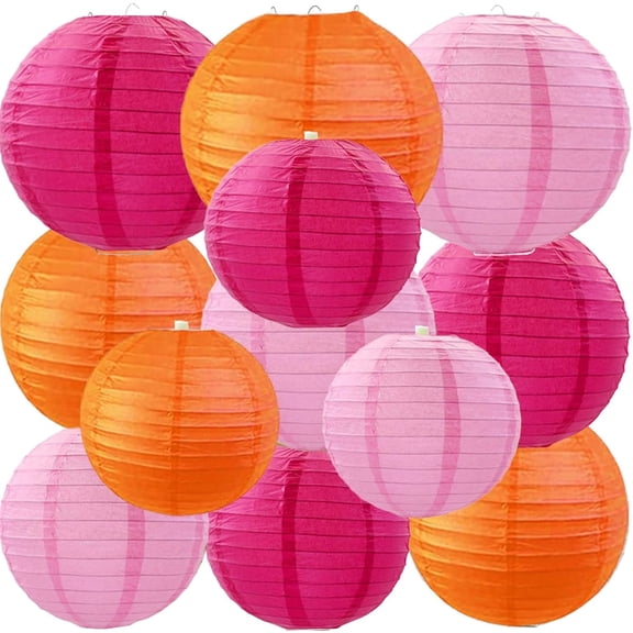 12 Pcs Pink Orange Paper Lanterns Decorative Round Hanging Lanterns for Birthday Baby Shower Wedding Graduation Fall Autumn Thanks Giving Party Decoration