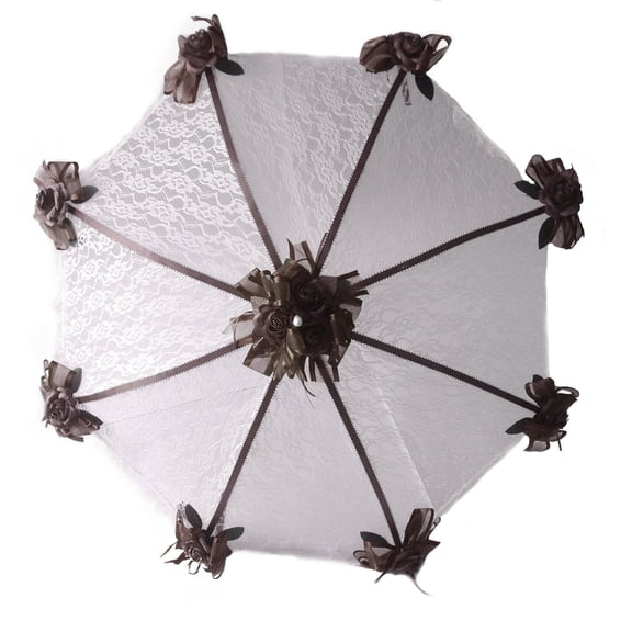 PFP Decorated Bridal Shower White Lace Umbrella Parasol 36" Brown Roses