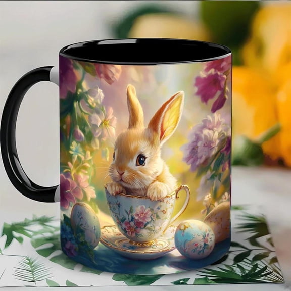 1pc 11oz White Bunny in Teacup Porcelain Mug with Golden Rim Floral Easter Design Coffee Tea Cup s Spring Gifts Birthdays Office Use Hand Wash Only Bunnies Pastel Eggs Coffee Mug Coffee Mugs Cups And