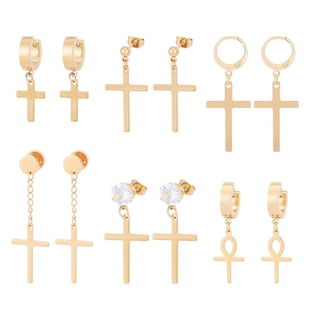 12pcs 6 style 304 Stainless Steel Cross Dangle Hoop Earrings Stud & Leverback Earrings for Women Men Golden 32~49mm Pin: 0.6~1mm 2pcs/style 1box
