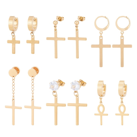 12pcs 6 style 304 Stainless Steel Cross Dangle Hoop Earrings Stud & Leverback Earrings for Women Men Golden 32~49mm Pin: 0.6~1mm 2pcs/style 1box