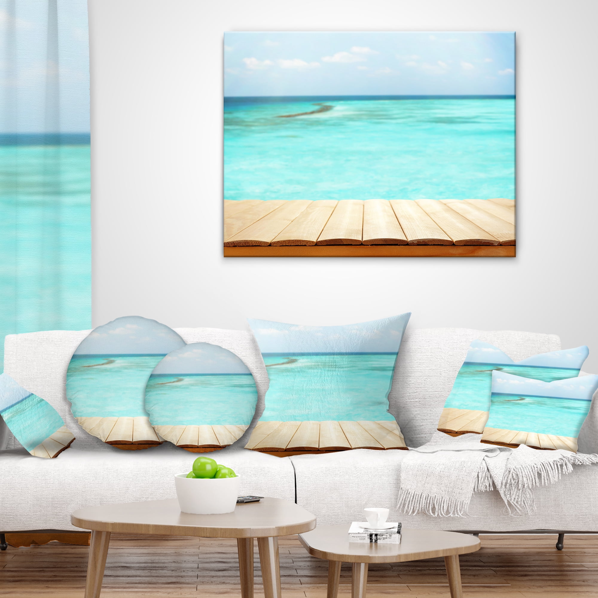 Designart Wooden Planks on Sea Background - Seascape Throw Pillow - 16x16