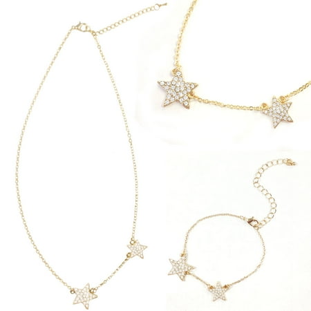 Wrapables® Gold Plated Petite Double Crystal Star Pendant Necklace and Bracelet Jeweley Set