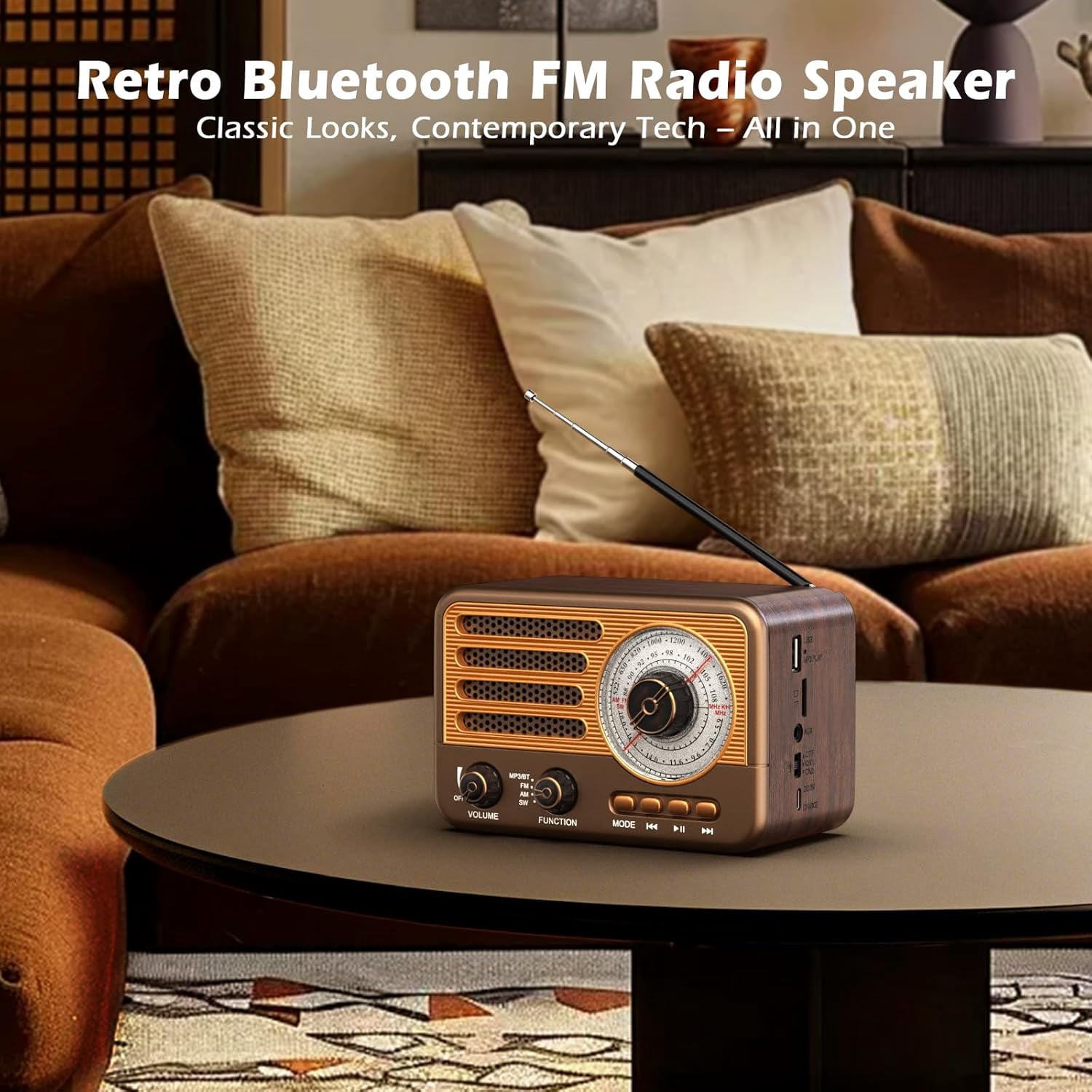 Retro Transistor Radio, Small Rechargeable Portable Radio, Personal Radio AM FM SW with 1800mAh Lithium-ion Battery, Support TF Card/Aux/USB MP3 Player Perfect for Indoor, Outdoor Use - Bronze