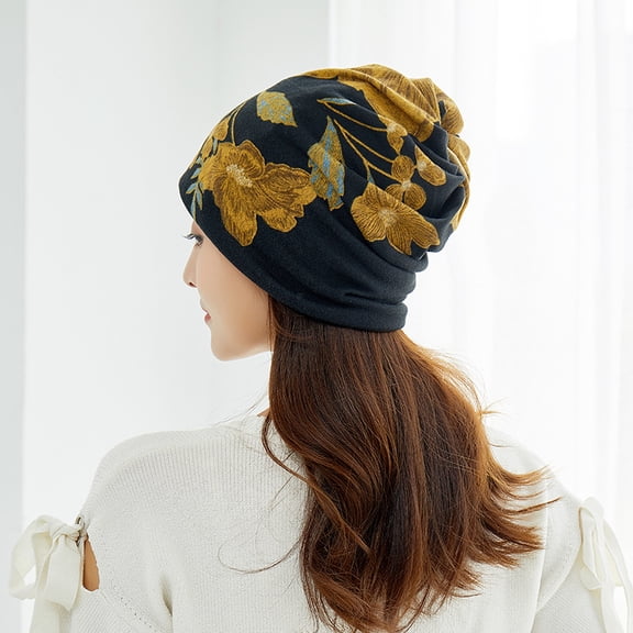 Women's Floral Beanie Hat Stretch Slouchy Turban Headwear Baggy Beanie Chemo Hat Cap Scarf Ponytail Hat