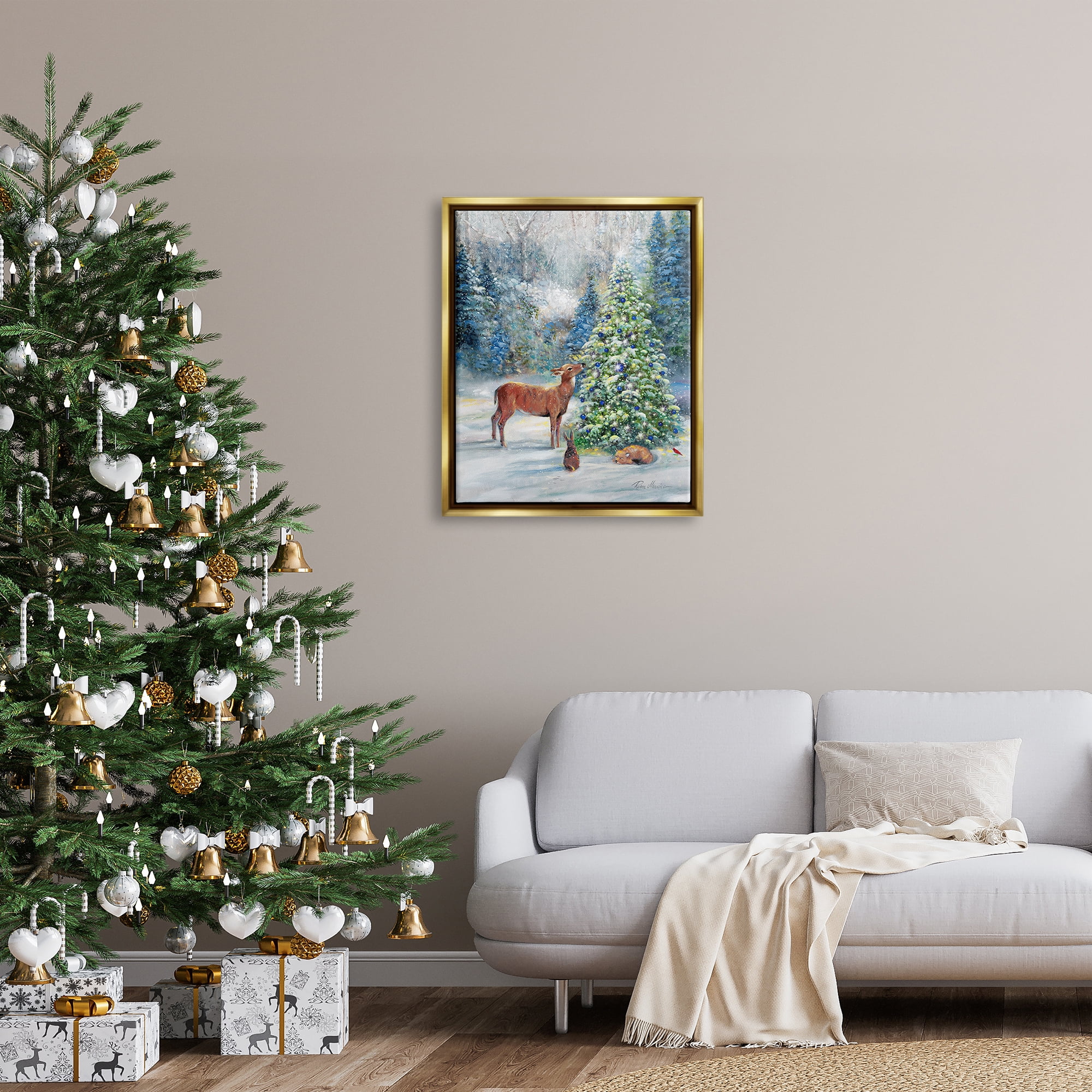 Stupell Industries Winter Woodland Animals Tree Holiday Painting Gold Floater Framed Art Print Wall Art