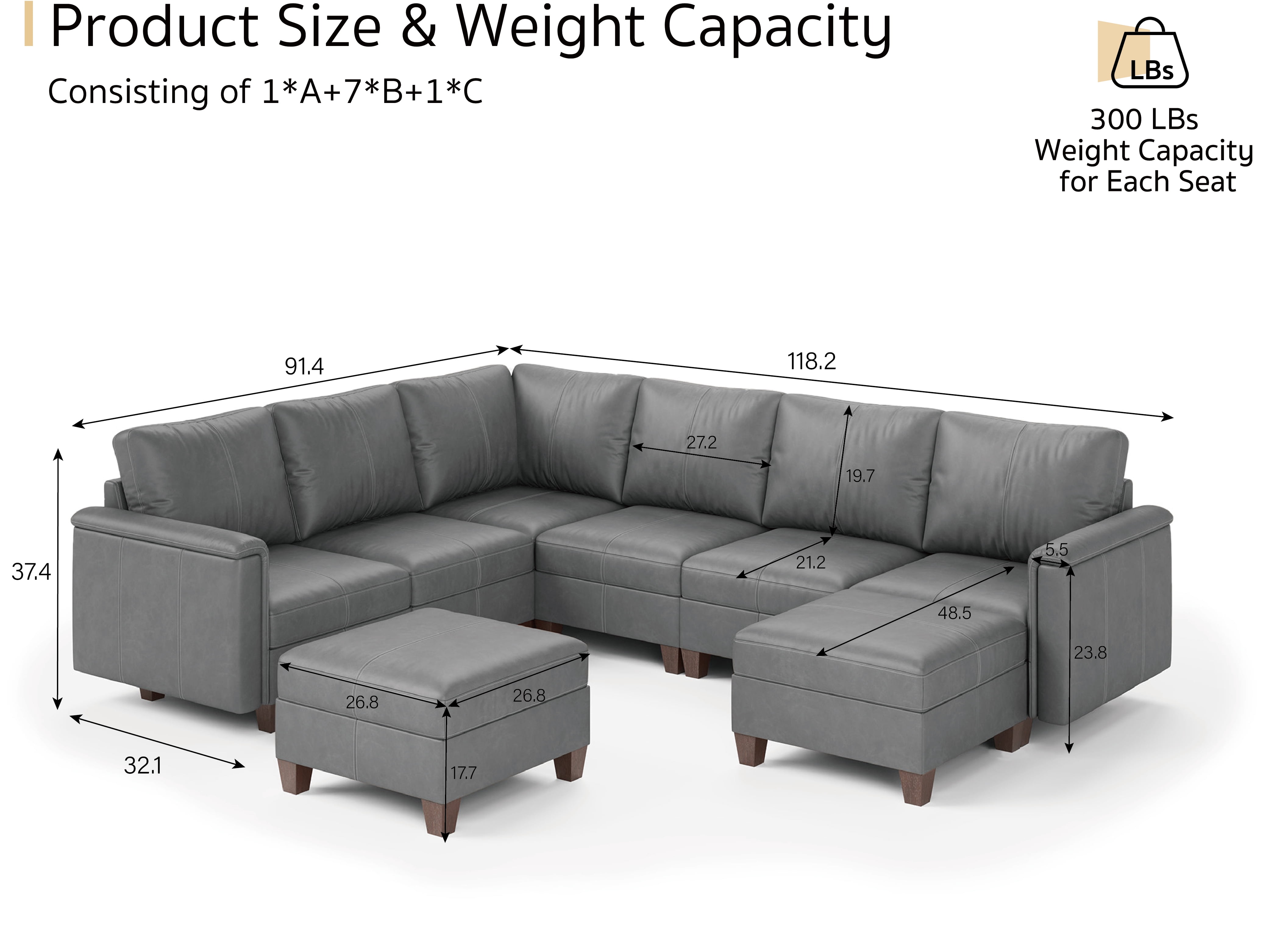 SITJOY 118" Faux Leather Modular Sectional Couches with Storage, Convertible 8 Seat U-Shaped Sectional Sofa with Ottoman for Living Room, Gray