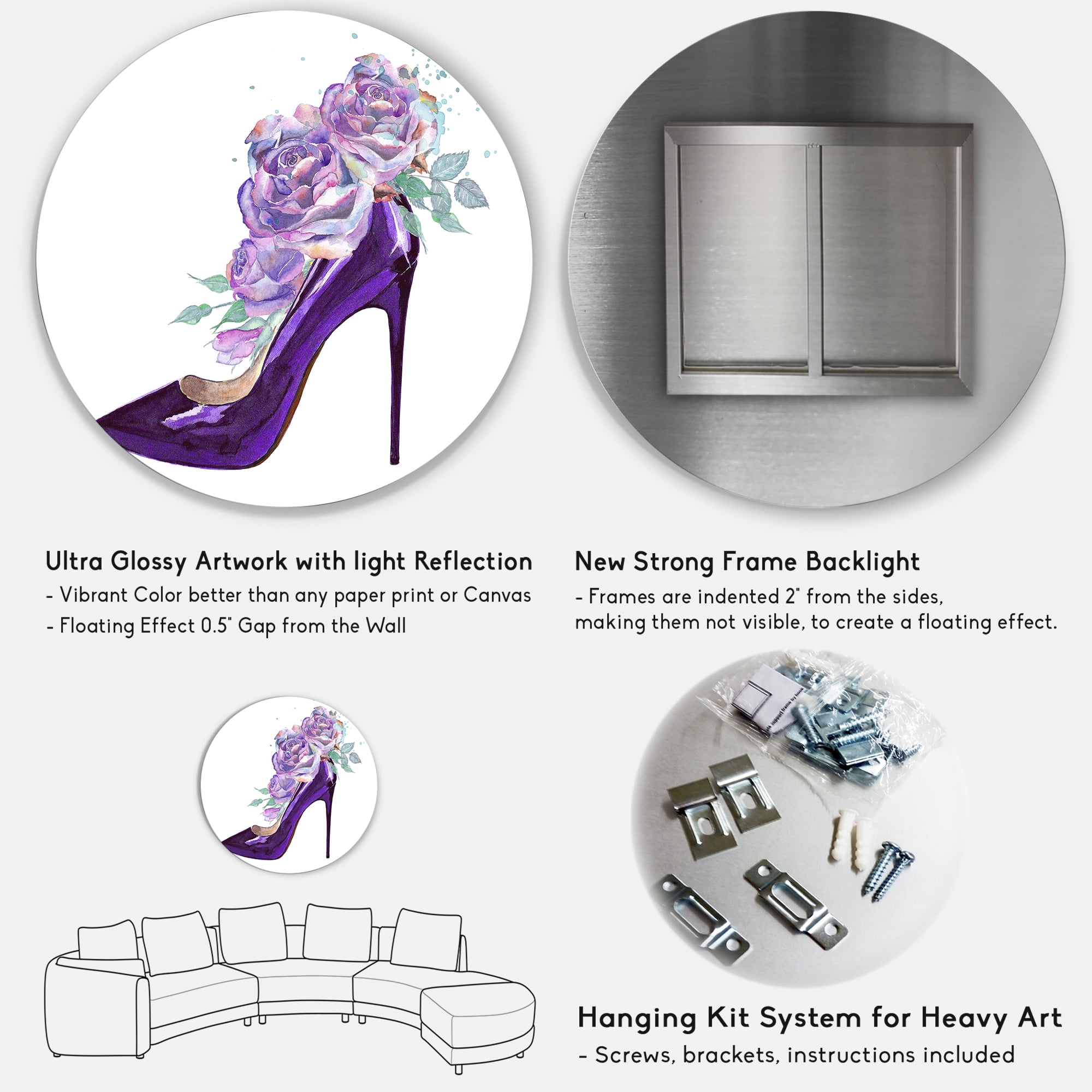 Designart 'Pink VIolet Roses With Dark Purple Stiletto Shoe' Traditional Circle Metal Wall Art 29x29 - Disc of 29