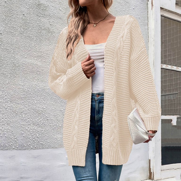 Foraging dimple Women's Fashion Temperament Casual Hemp Pattern Knit  Cardigan Sweater Coat Beige