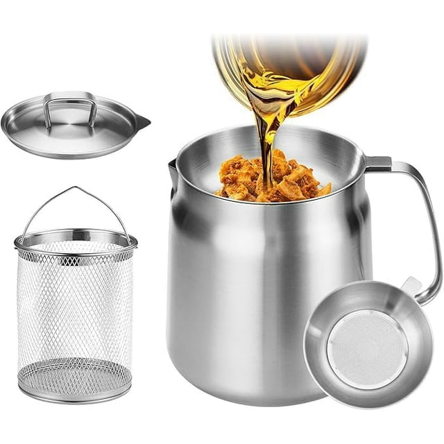 119oz 304 Stainless Steel Deep Fryer Pot with Basket & Strainer, Large Capacity Bacon Grease Container for Kitchen,Frying, Cooking, Camping,Oil Filter Container - Dishwasher Safe (119oz/3.5L/3.7Qt)