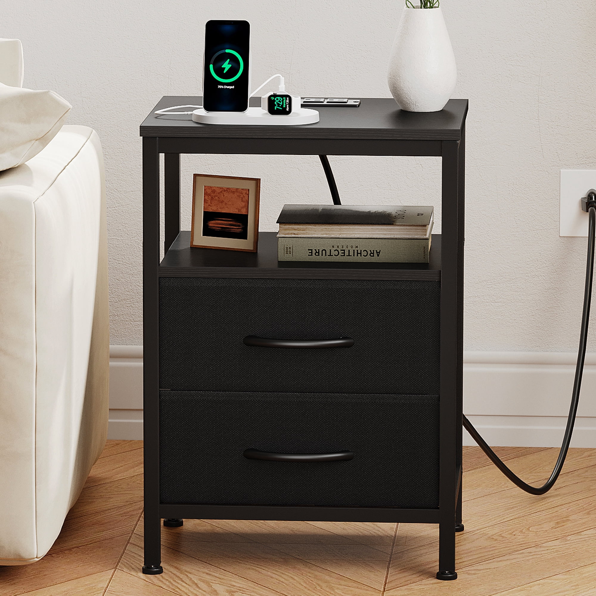 CONCETTA Small Nightstand with Charging Station, 2 Fabric Drawer, End Table with USB Ports and Outlets for Bedroom, Black