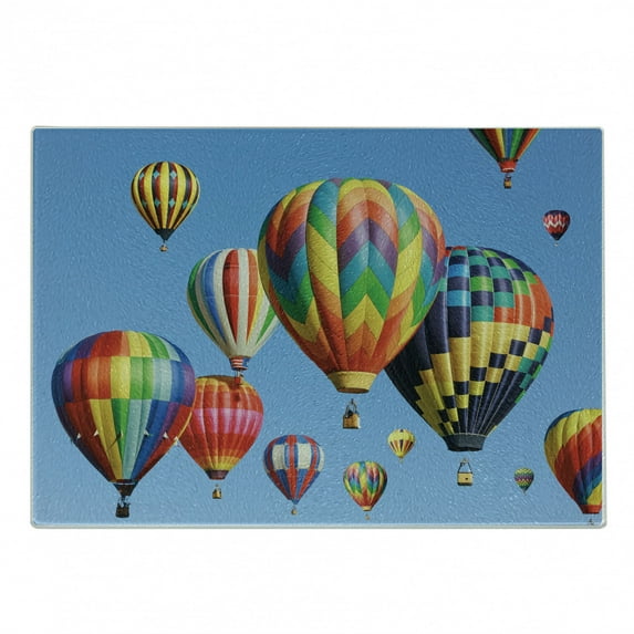Colorful Cutting Board, Nostalgic Hot Air Balloons in Sky Flying Journey Fun Adventure Traditional Hobby Theme, Decorative Tempered Glass Cutting and Serving Board, Small Size, Blue, by Ambesonne